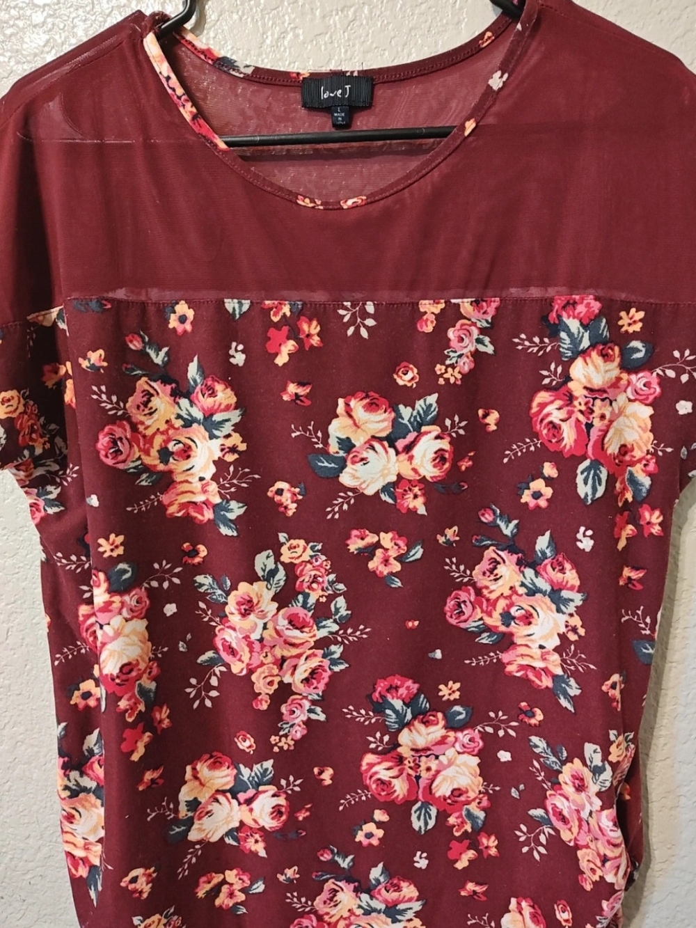 love J Maroon Floral Short Sleeve Tee with Rose Bouquet Print